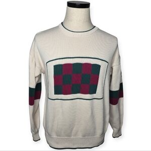 Vintage Aureus Cotton Knit Sweater Ivory Green Burgundy Check Stripe M